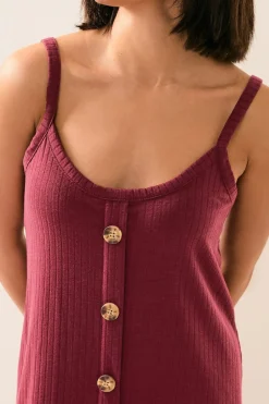 Pixiegirl Petite Burgundy Red Ribbed Button Mini Dress