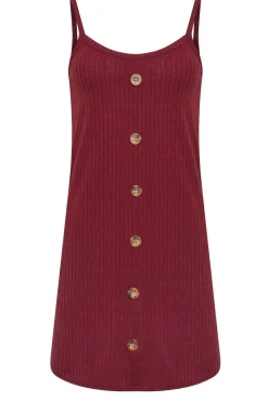 Pixiegirl Petite Burgundy Red Ribbed Button Mini Dress