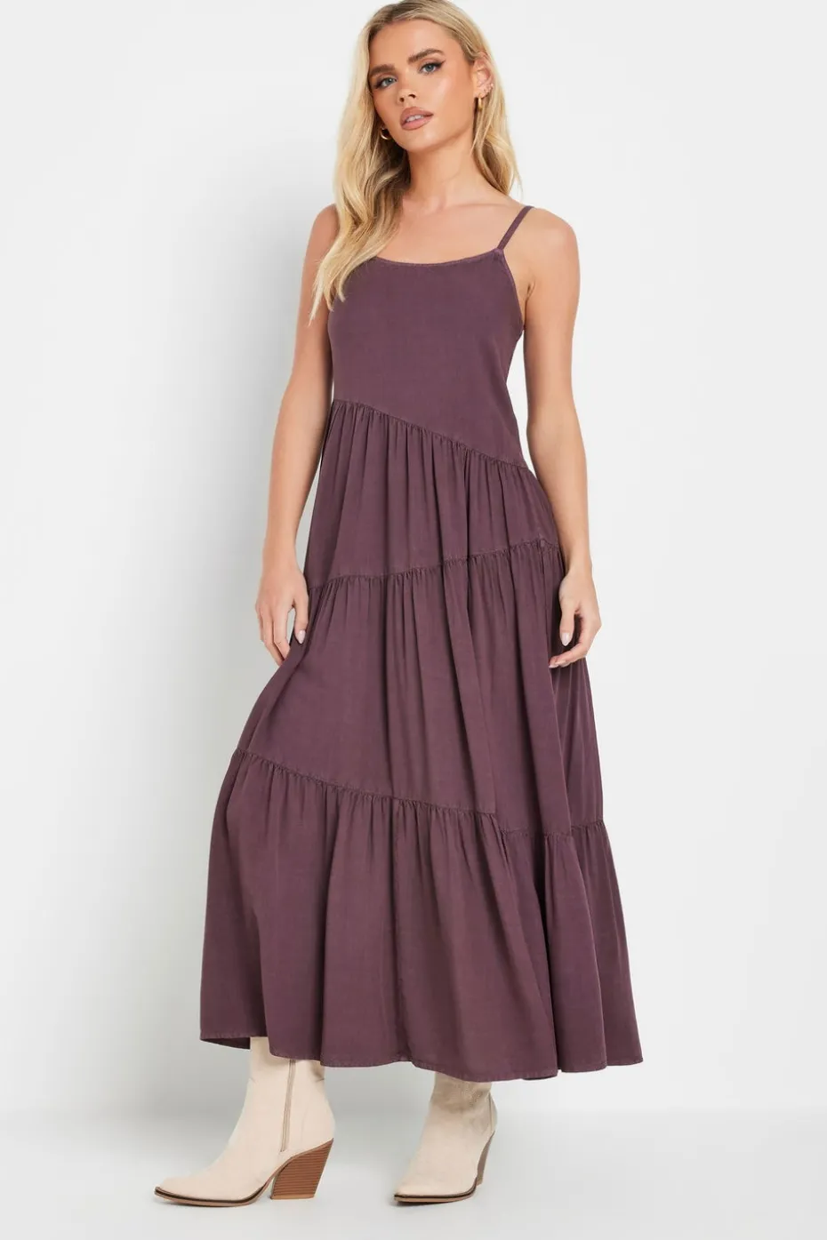 Pixiegirl Petite Burgundy Red Acid Wash Asymmetric Tiered Maxi Dress