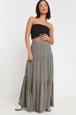 Pixiegirl Petite Charcoal Grey Asymmetric Tiered Maxi Skirt