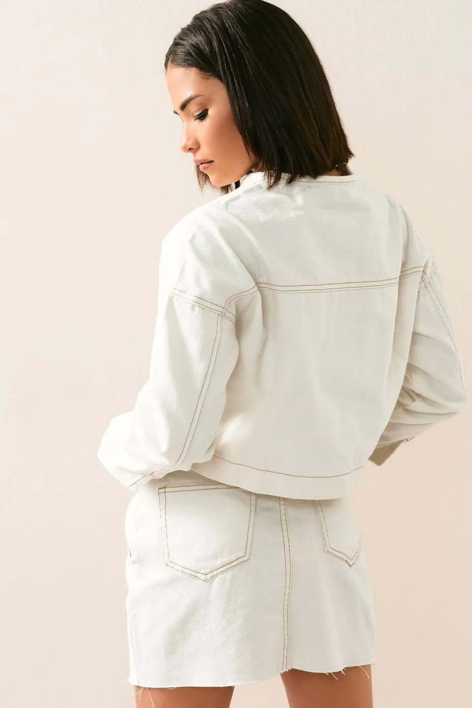 Pixiegirl Petite Cream Denim Contrast Stitch Collarless Jacket