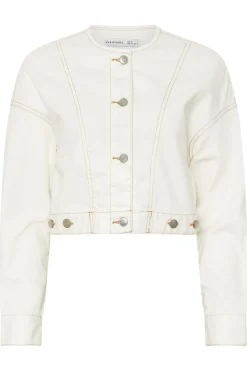 Pixiegirl Petite Cream Denim Contrast Stitch Collarless Jacket