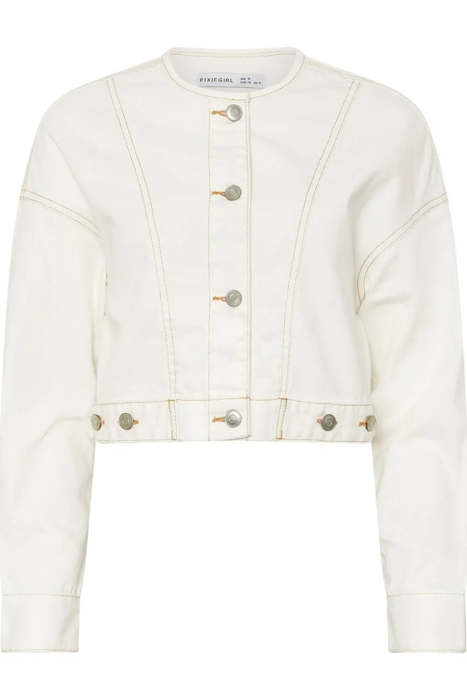 Pixiegirl Petite Cream Denim Contrast Stitch Collarless Jacket