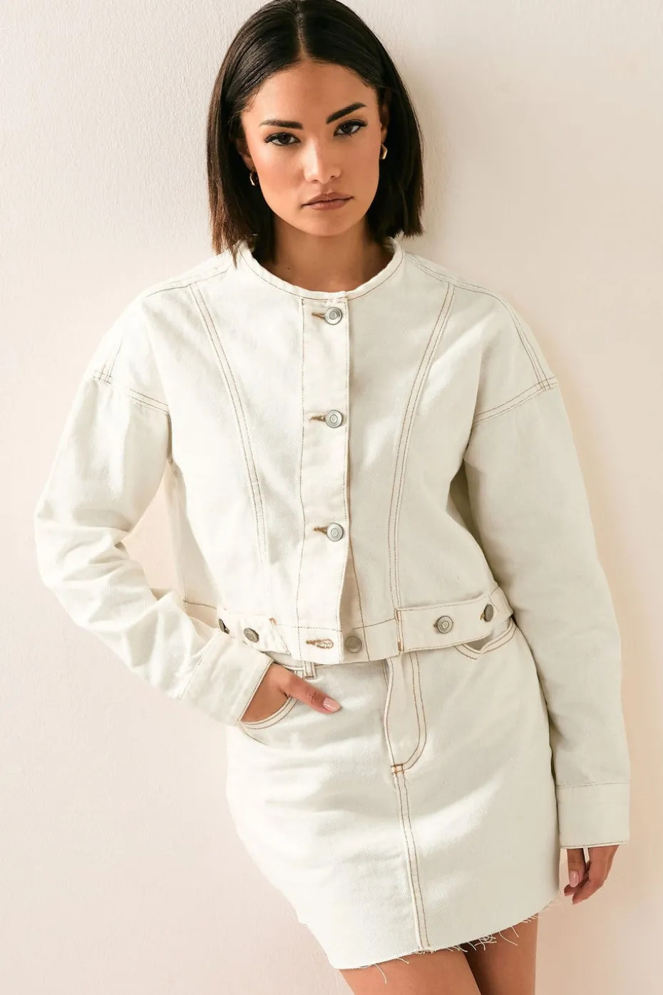 Pixiegirl Petite Cream Denim Contrast Stitch Collarless Jacket