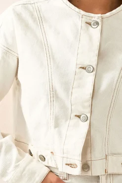 Pixiegirl Petite Cream Denim Contrast Stitch Collarless Jacket