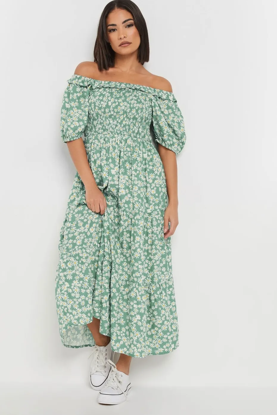 Pixiegirl Petite Green Daisy Tiered Bardot Dress