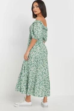 Pixiegirl Petite Green Daisy Tiered Bardot Dress