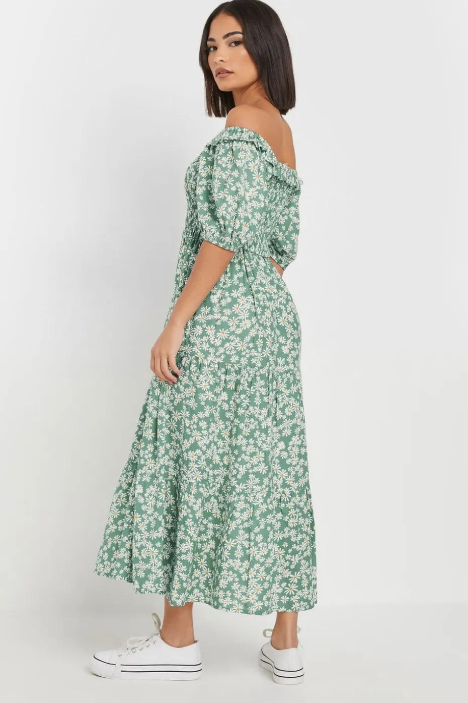 Pixiegirl Petite Green Daisy Tiered Bardot Dress