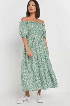 Pixiegirl Petite Green Daisy Tiered Bardot Dress