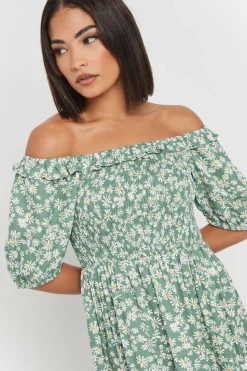 Pixiegirl Petite Green Daisy Tiered Bardot Dress