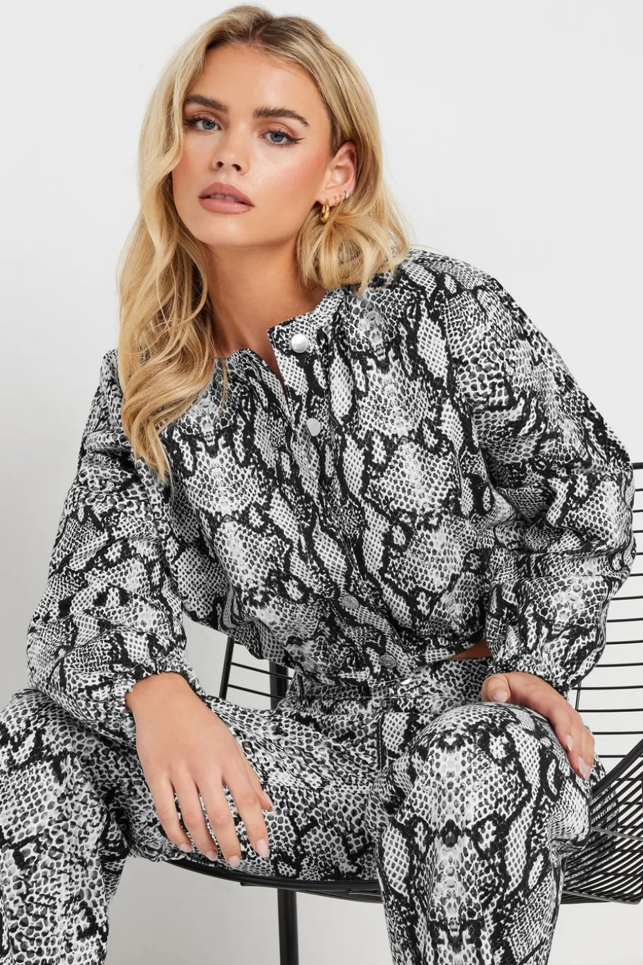 Pixiegirl Petite Grey Snake Print Denim Bomber Jacket