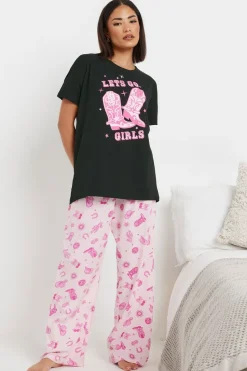 Pixiegirl Petite Hot Pink 'Let's Go Girls' Cowboy Slogan Pyjama Set