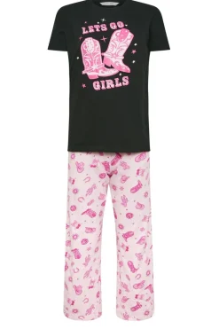 Pixiegirl Petite Hot Pink 'Let's Go Girls' Cowboy Slogan Pyjama Set