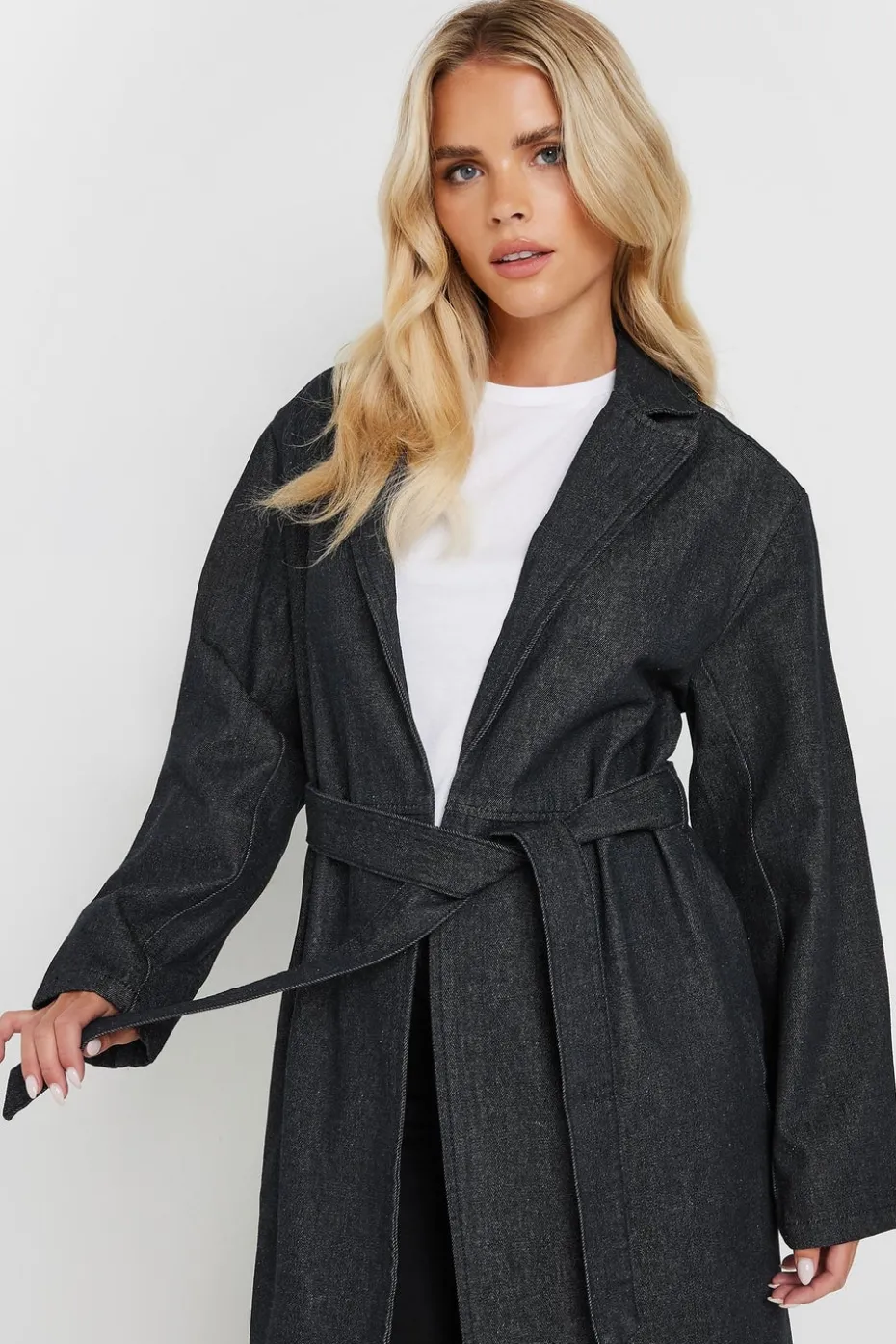 Pixiegirl Petite Indigo Blue Denim Belted Trench Coat