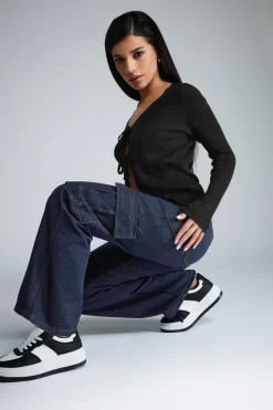 Pixiegirl Petite Indigo Blue Non-Stretch Utility Cargo Jeans