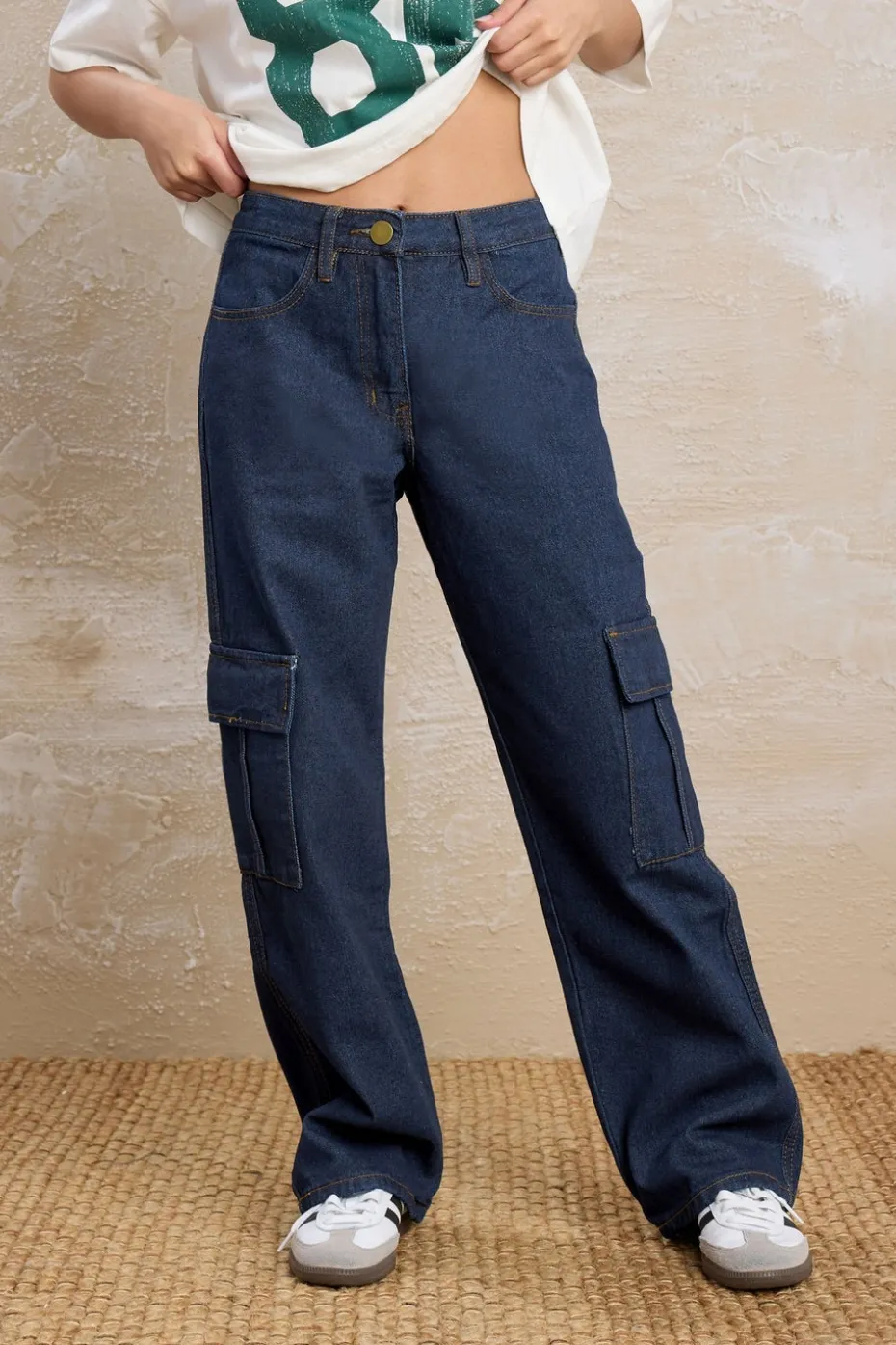 Pixiegirl Petite Indigo Blue Non-Stretch Utility Cargo Jeans