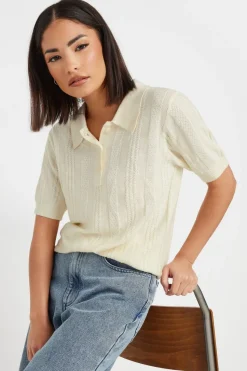 Pixiegirl Petite Ivory White Pointelle Knit Polo Top