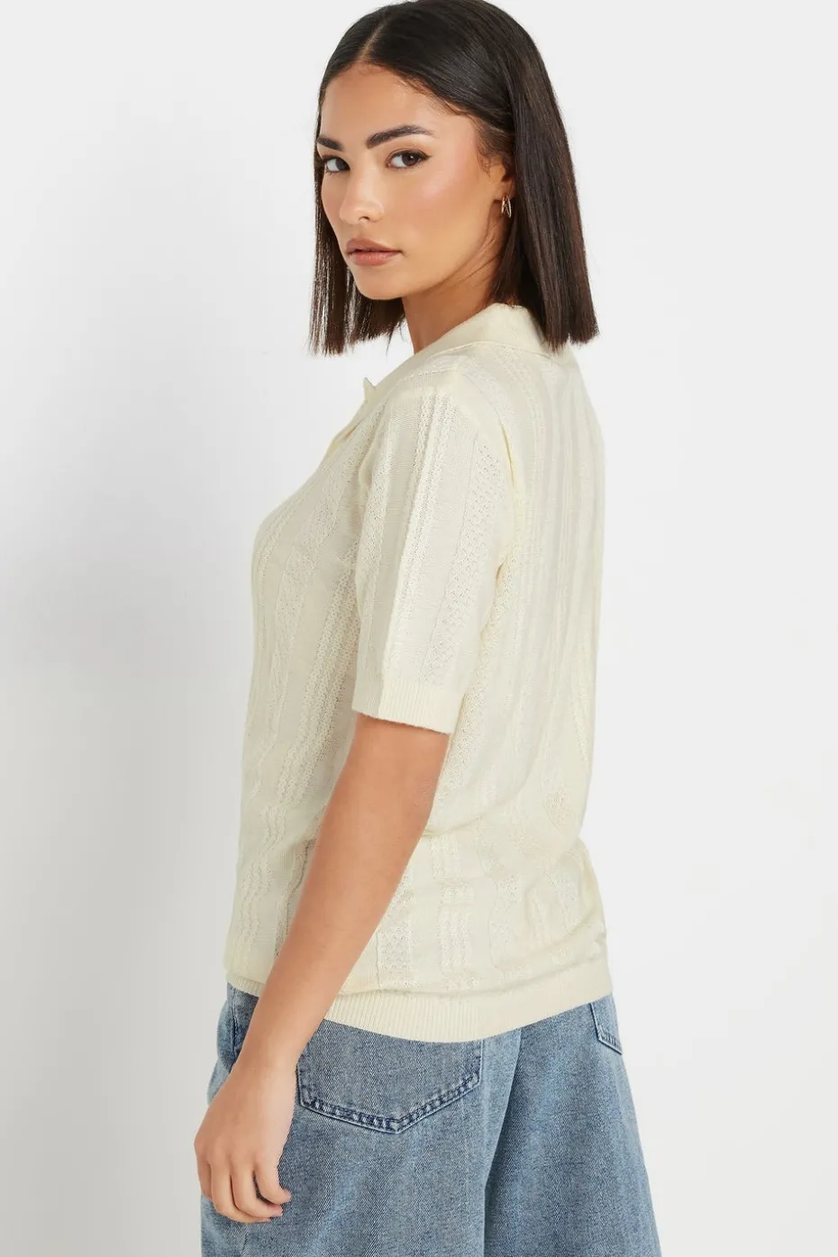 Pixiegirl Petite Ivory White Pointelle Knit Polo Top