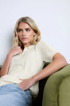 Pixiegirl Petite Ivory White Pointelle Knit Polo Top