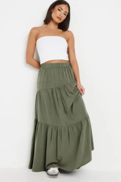 Pixiegirl Petite Khaki Green Asymmetric Tiered Maxi Skirt