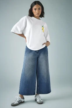 Pixiegirl Petite Mid Blue Washed Cropped Wide Leg Jean