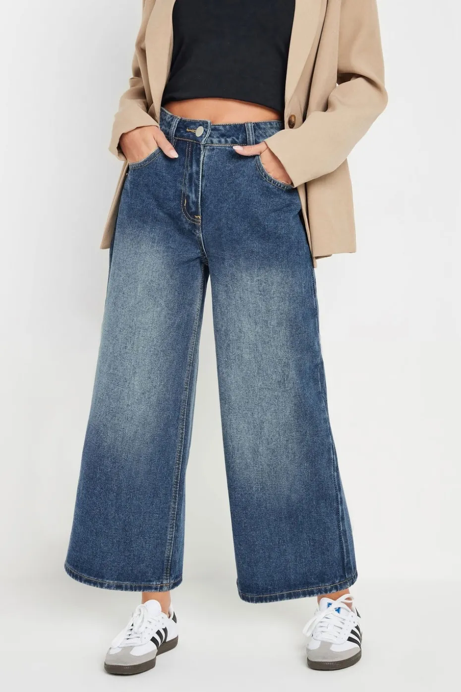 Pixiegirl Petite Mid Blue Washed Cropped Wide Leg Jean