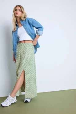 Pixiegirl Petite Mint Green Floral Side Slit Maxi Skirt