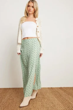 Pixiegirl Petite Mint Green Floral Side Slit Maxi Skirt