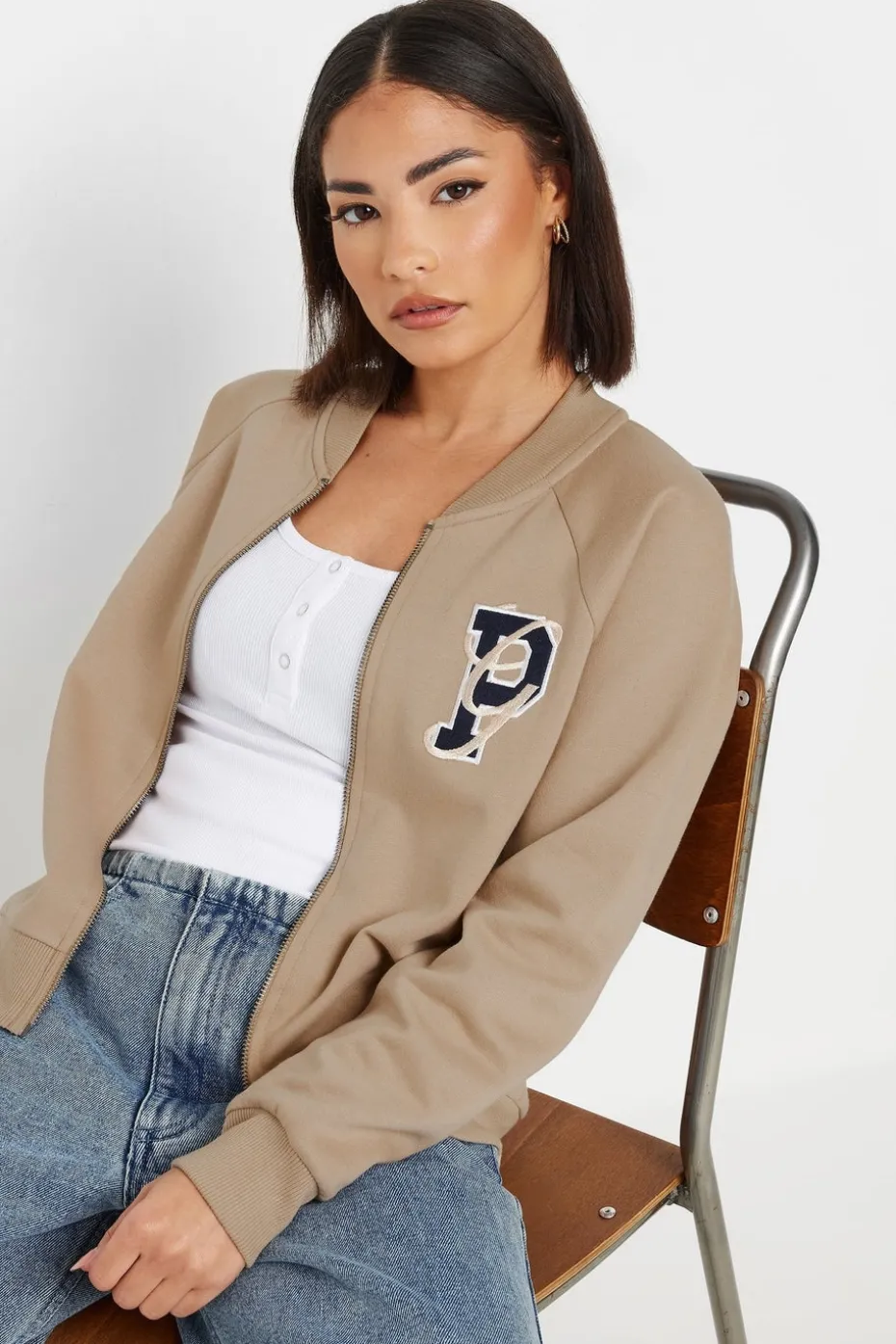 Pixiegirl Petite Stone Brown Embroidered Initial Jersey Bomber Jacket