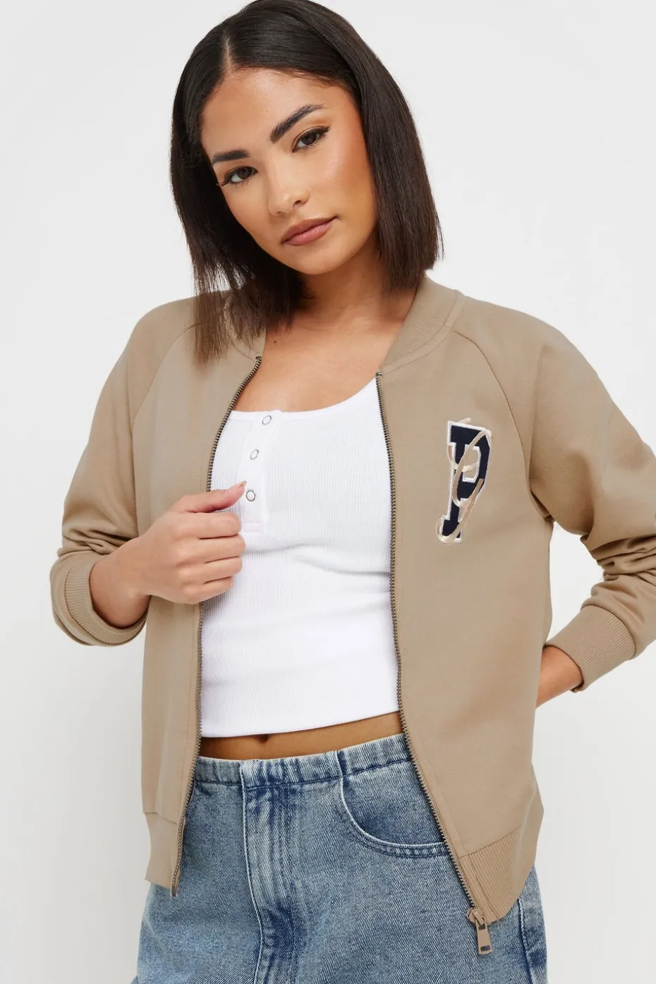 Pixiegirl Petite Stone Brown Embroidered Initial Jersey Bomber Jacket
