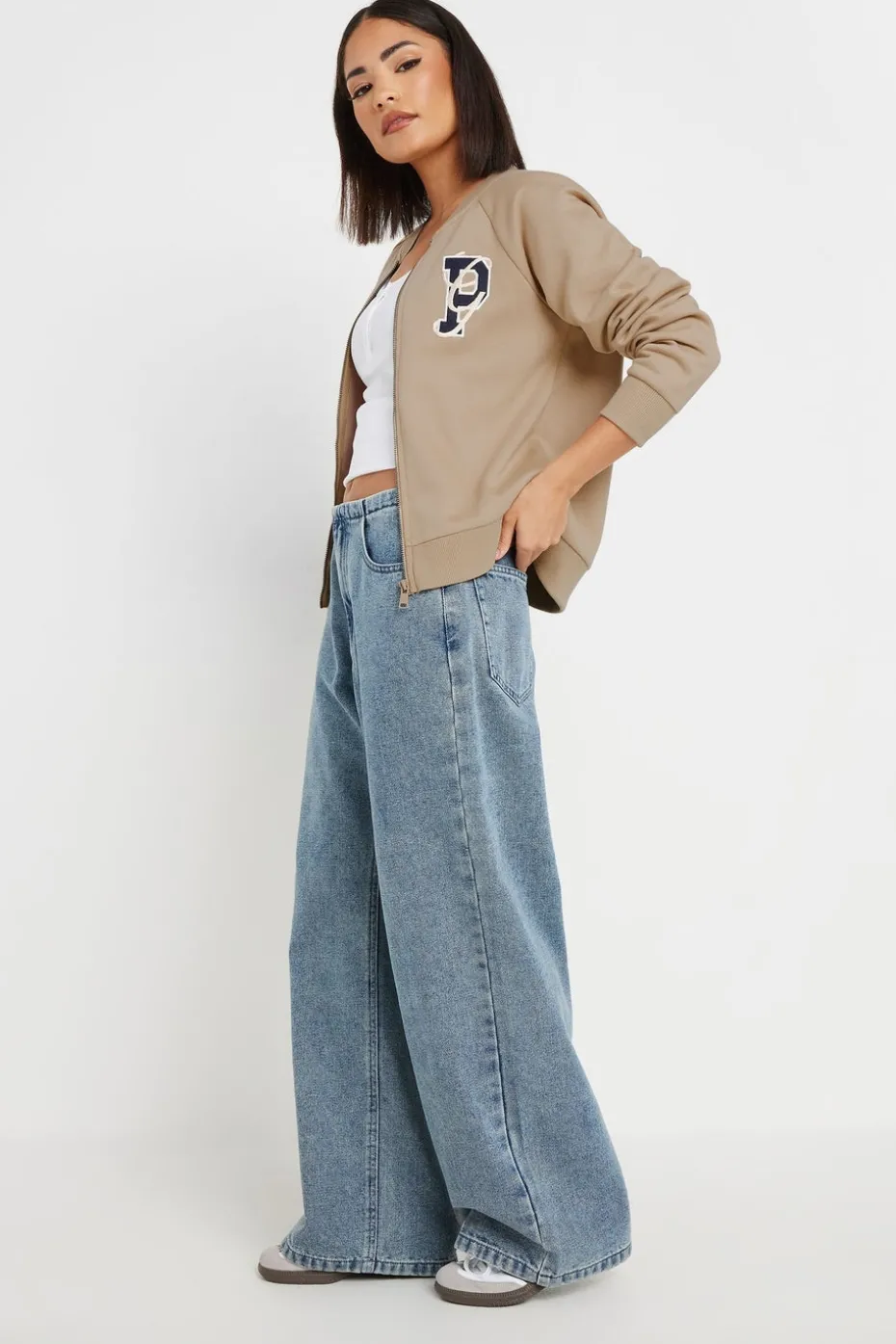 Pixiegirl Petite Stone Brown Embroidered Initial Jersey Bomber Jacket