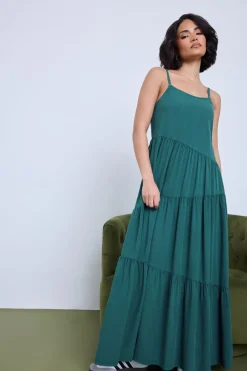 Pixiegirl Petite Teal Green Acid Wash Asymmetric Tiered Maxi Dress