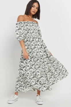 Pixiegirl Petite White Paisley Floral Tiered Bardot Dress