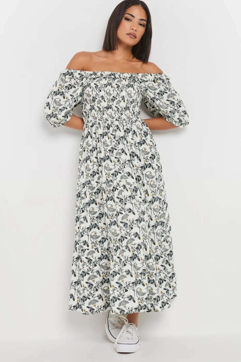 Pixiegirl Petite White Paisley Floral Tiered Bardot Dress