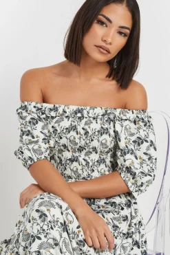 Pixiegirl Petite White Paisley Floral Tiered Bardot Dress