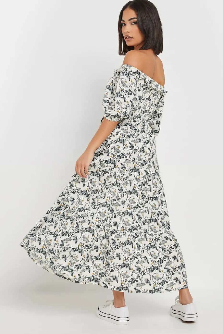 Pixiegirl Petite White Paisley Floral Tiered Bardot Dress