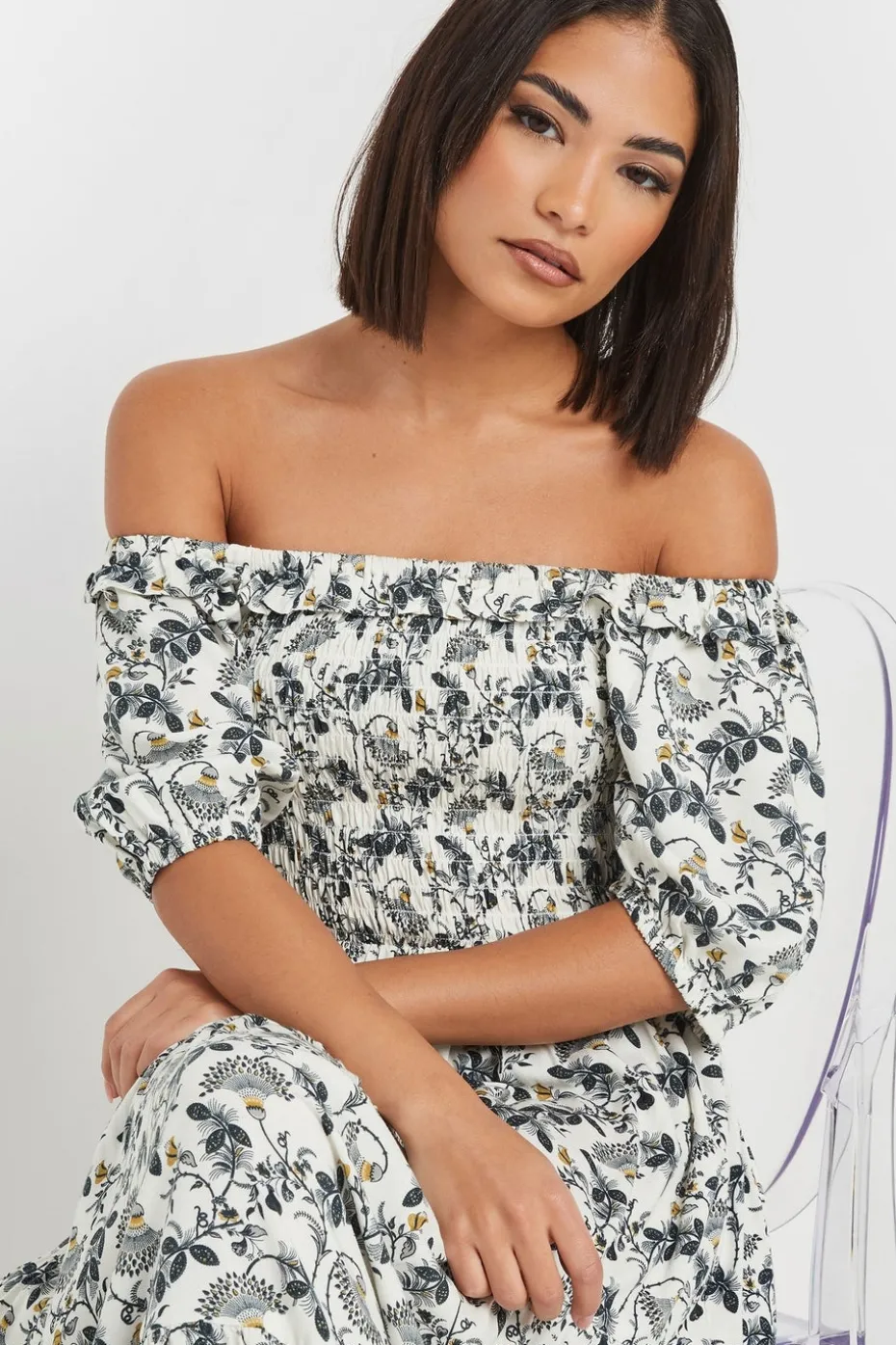 Pixiegirl Petite White Paisley Floral Tiered Bardot Dress