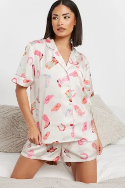 Pixiegirl Petite White Satin Cowboy Graphic Short Pyjama Set