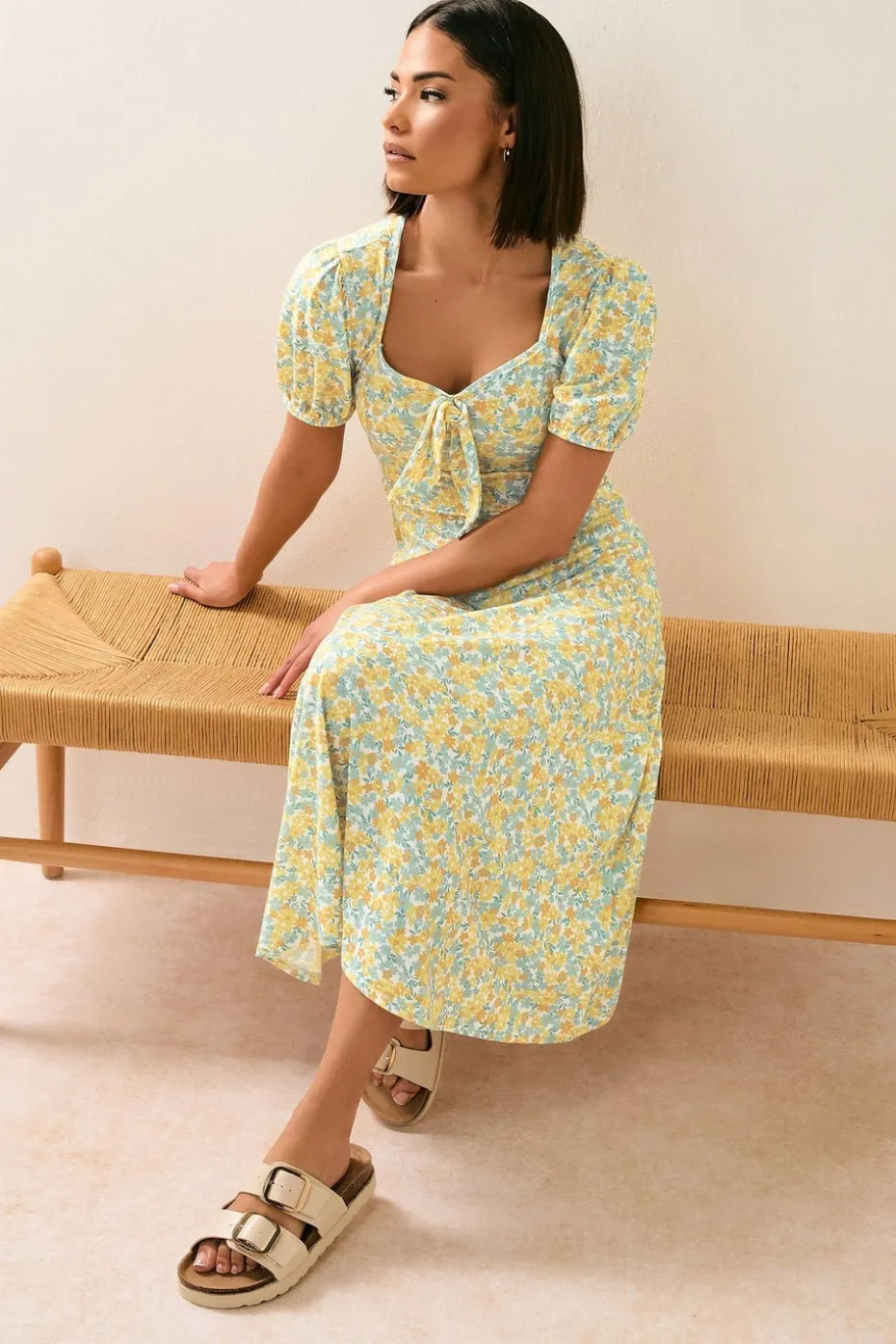 Pixiegirl Petite Yellow Ditsy Floral Tie Front Midi Dress