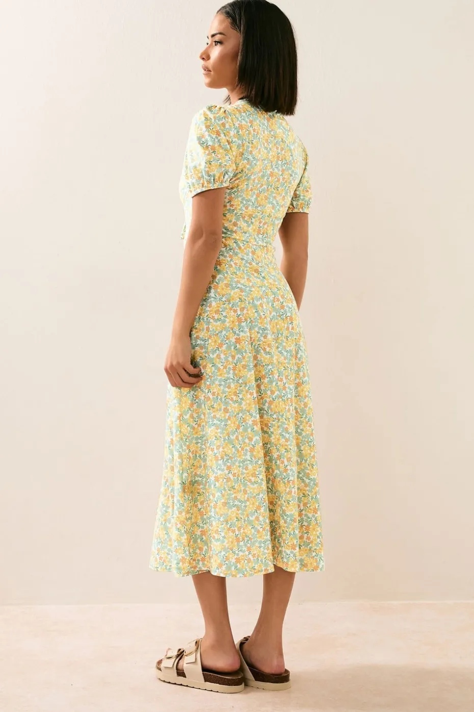 Pixiegirl Petite Yellow Ditsy Floral Tie Front Midi Dress