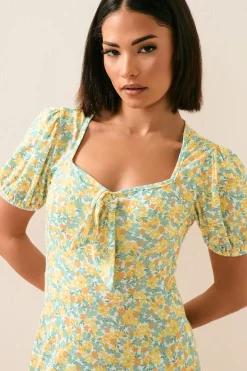 Pixiegirl Petite Yellow Ditsy Floral Tie Front Midi Dress