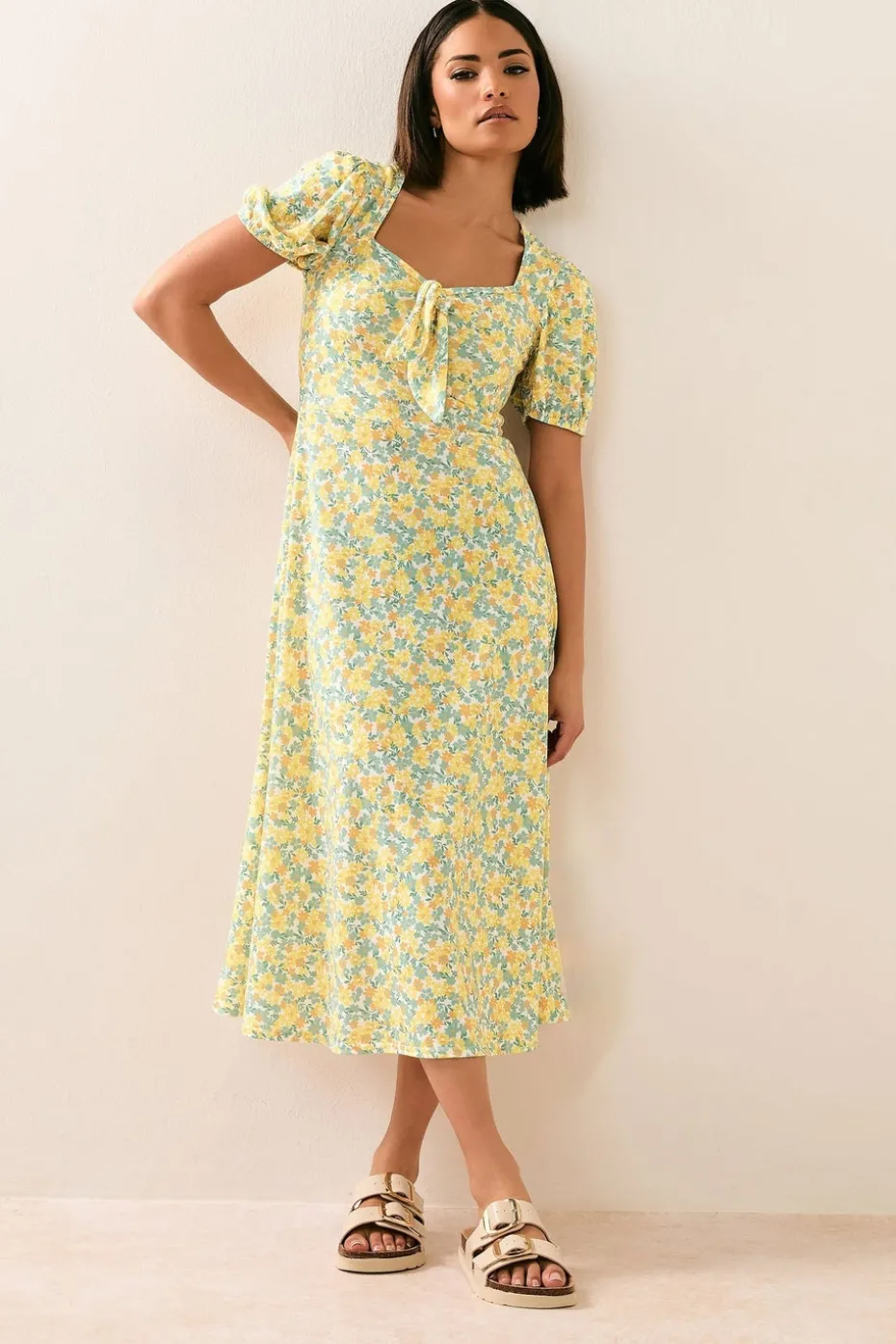 Pixiegirl Petite Yellow Ditsy Floral Tie Front Midi Dress