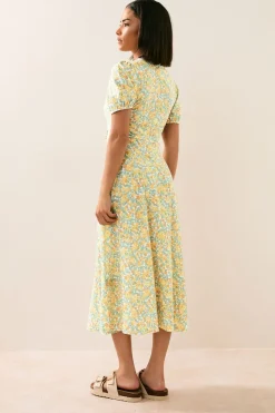 Pixiegirl Petite Yellow Ditsy Floral Tie Front Midi Dress