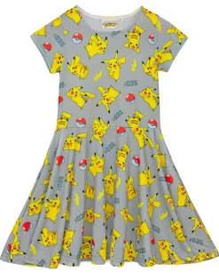 Pokemon Pikachu Grey Kids Short Sleeved Skater Dress (5-14 Years)