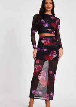 Quiz Black Floral Mesh Crop Top