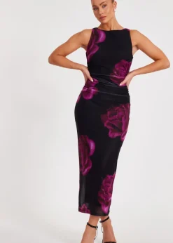 Quiz Black Floral Mesh Midaxi Dress