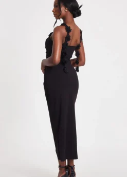 Quiz Black Floral Trim Midaxi Dress