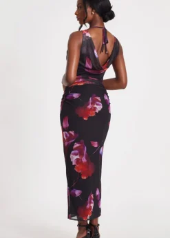 Quiz Black Mesh Floral Midaxi Dress