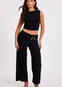 Quiz Black Petite Tie Waist Palazzo Trousers