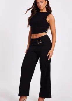 Quiz Black Petite Tie Waist Palazzo Trousers